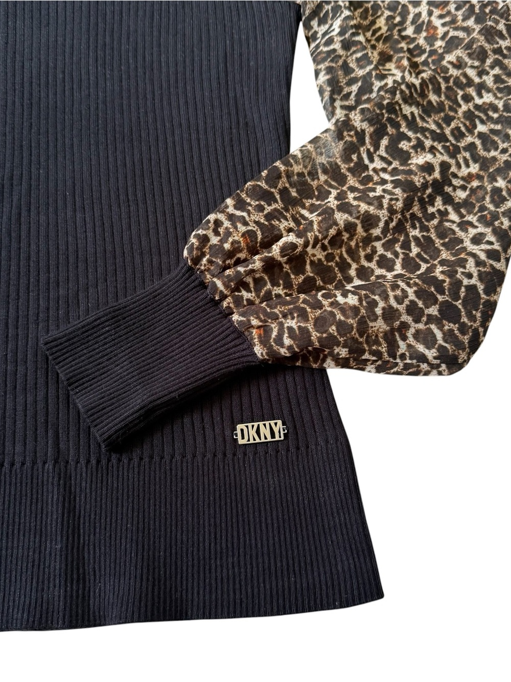 DKNY Women's Sweater Size Small Black Ribbed Sheer Leopard Long Sleeve Top - Picture 6 of 10